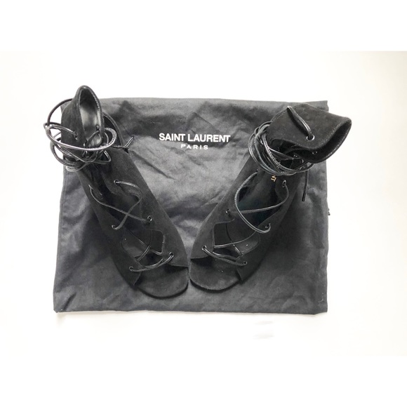 💛Saint Laurent Blk Suede Block Heel Lace Sandals - Picture 8 of 12